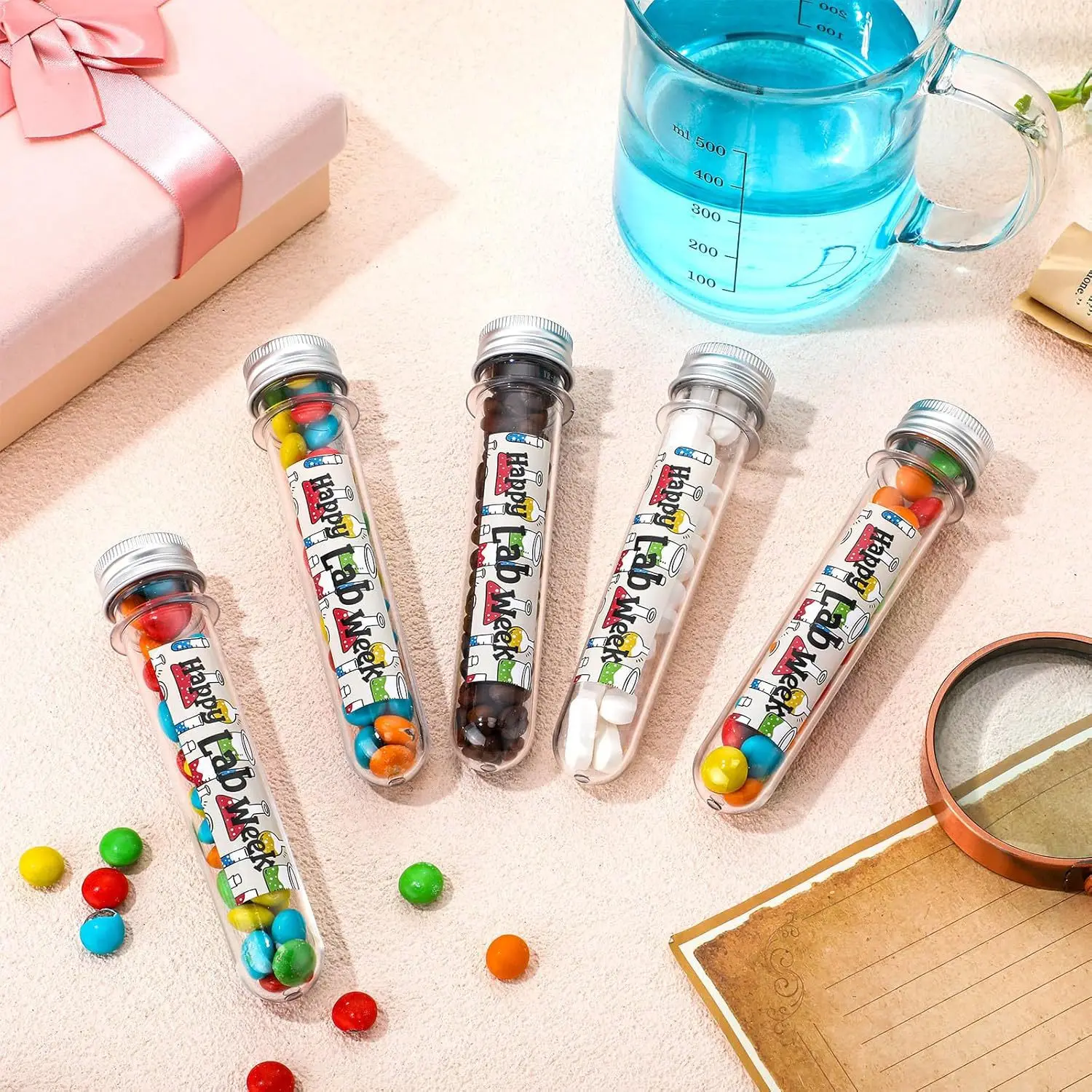 50Pcs 45ml 25x140mm Plastic Test Tube with Cap Lab Week Gifts Bulk Science Happy Lab Week Sticker Clear Test Tube