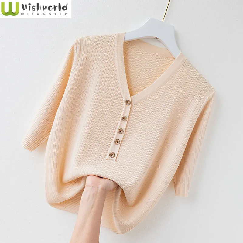 Ice Silk Short Sleeved T-shirt Women's Knitwear Summer New Loose and Slim V-neck Pullover Top Women's Instagram Fashion