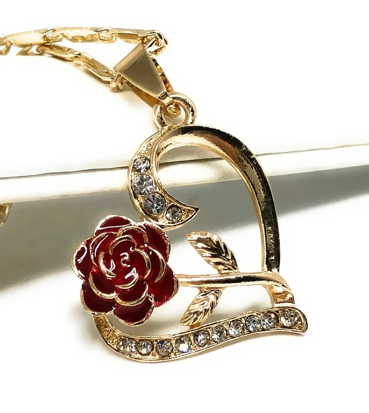 

18K Gold Plated Tri-Color Heart Rose CZ Pendant Necklace VALENTINA Chain 24”
