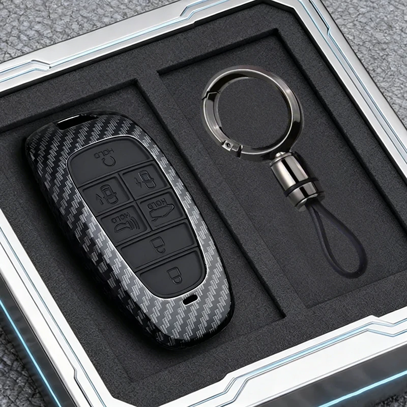 7-Tasten-Schlüsselhülle für Hyundai Santa Fe Tucson 2022 NEXO NX4 Atos Solaris Prime im ABS Carbon-Fiber-Stil mit Schlüsselanhänger – Detail 3