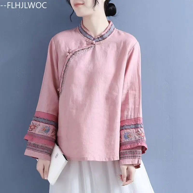 Cotton Linen Embroidery Tops Chinese Style Chi-pao Stand Collar Design 2025 Autumn Women Cute Elegant Retro Shirt Blouse Vintage