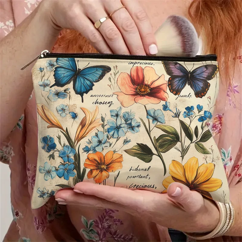 Un sac de maquillage rétro imprimé floral et papillon - trousse de maquillage portable multifonctionnelle de grande capacité