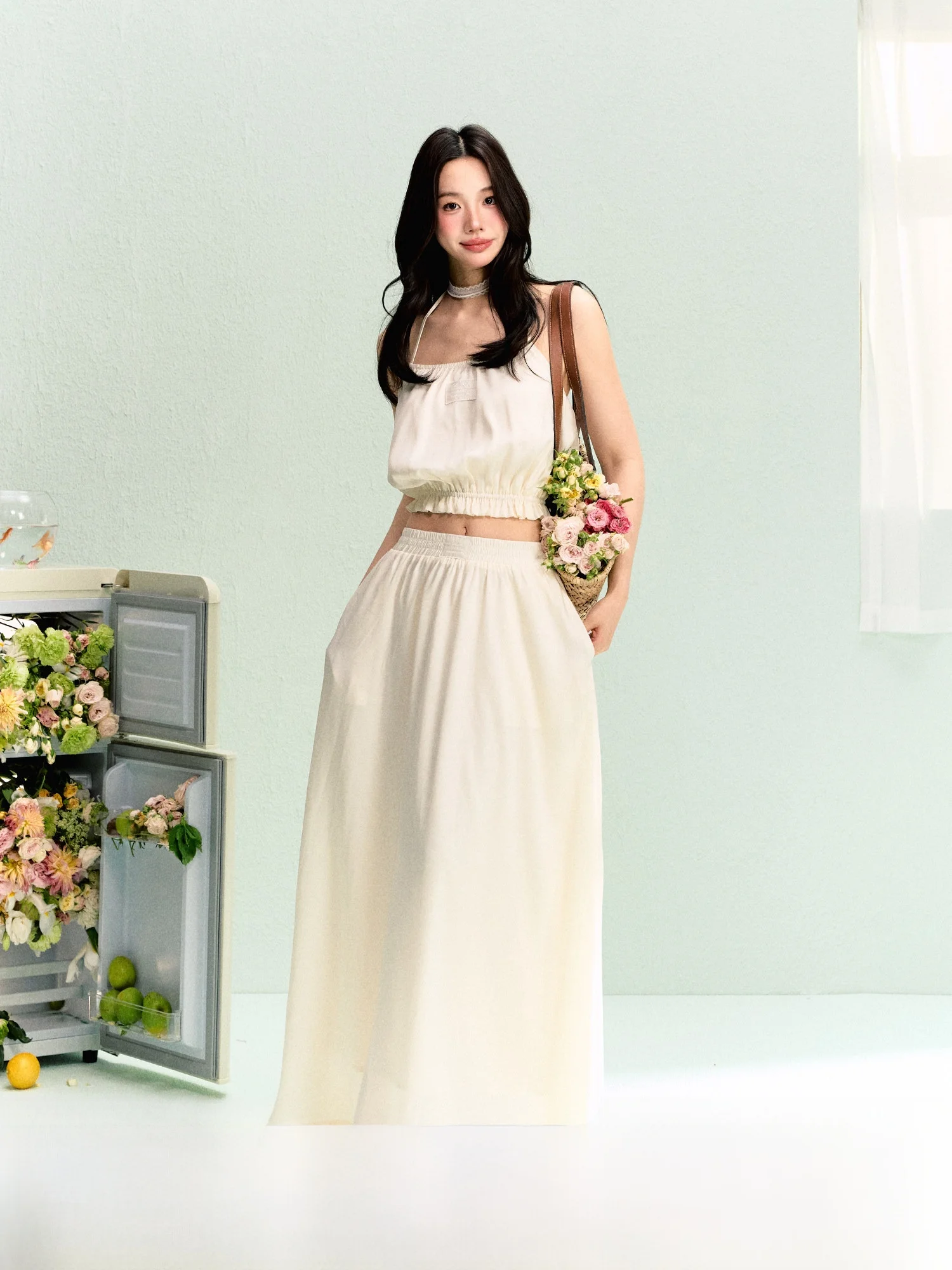 

End of Season A-Line Skirt Set with Gathered Bloomer Top Elastic Waist Two-Piece Women's Faion Set Summer Ele Sle