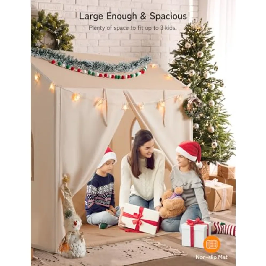 ベスレイ プレイテント エーブ付き幼児用テント 2 in 1 パッド入りマットとライト付き 大型プレイハウス 2つのドアと2つの窓付き 室内/屋外用