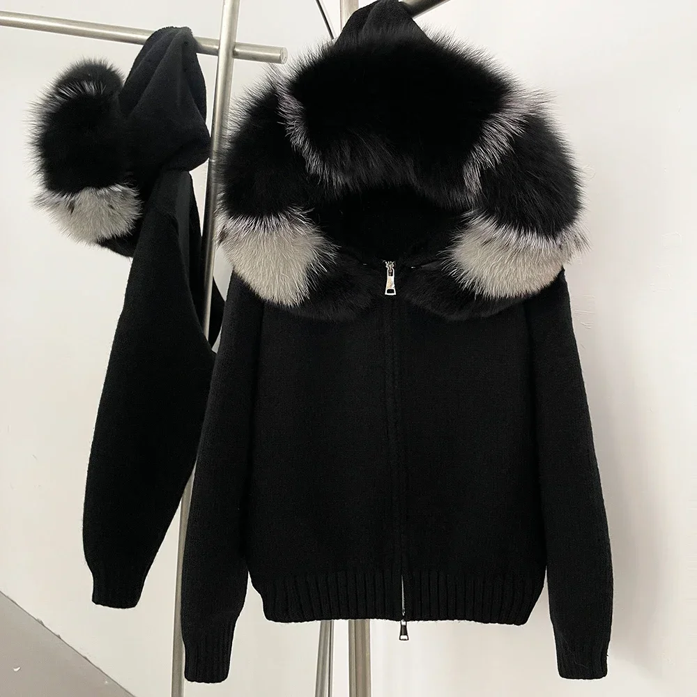 OFTBUY Real Mongolian Fur Knitwear Coat Women Cardigan Natural Fox Fur Coat Female Spring Autumn Hooded Knitted Fur Jacket