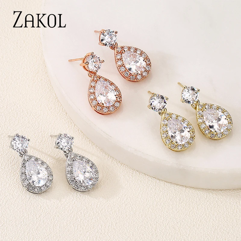 ZAKOL Luxury Geometric Water Drop Cubic Zirconia Jewelry Sets for Women Exquisite Engagement Jewelry Wedding Jewellery Set