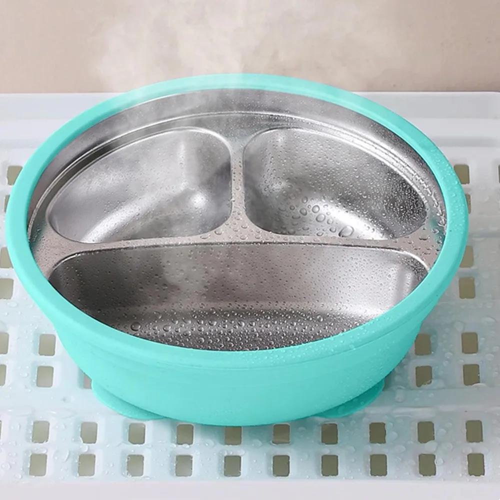 Silicone Suction Cup Baby Sucker Dining Plate Thermal Insulation Divided Design 3 Grids Children Dishes 304 Stainless Steel