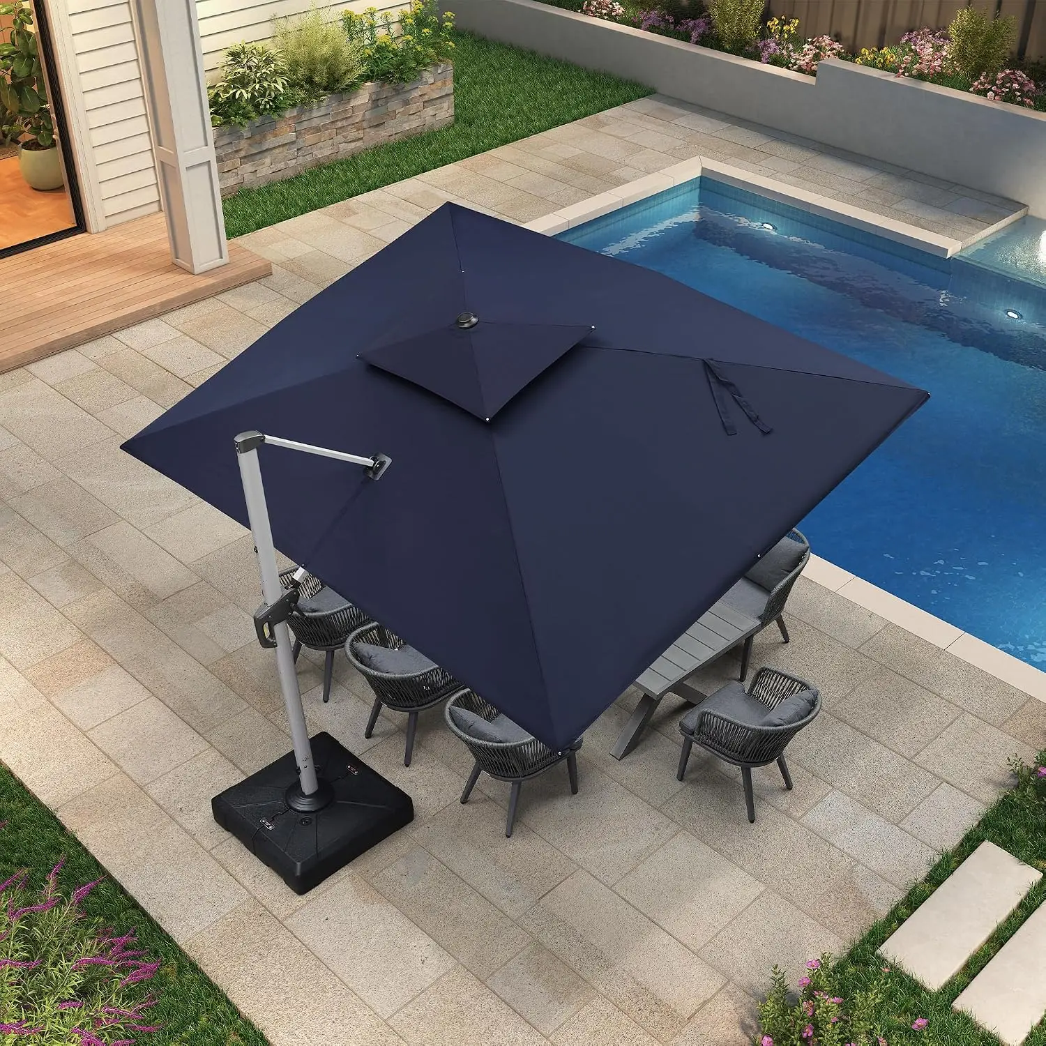 Large Patio Cantilever Umbrella 9x12ft with Base, Outdoor Offset Hanging Umbrella, Navy Blue, Customized