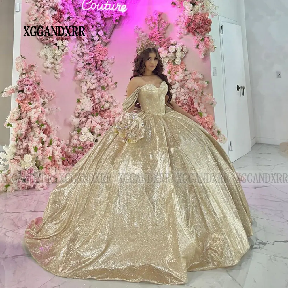 Luxury Gold Gown Party Dress 2024 Off Shoulder Quinceanera Dress Princess Birthday Party Prom Sweet 16 Vestido De XV Años