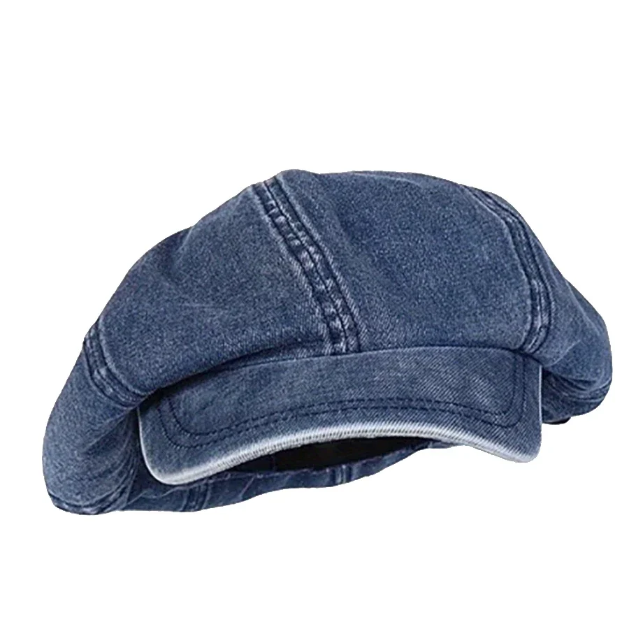 Big Head Circumference Octagonal Hat High Elasticity Elastic Retro Label Design Baret Washed Denim Trendy Versatile Artist Hat