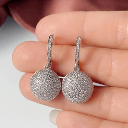 Huitan Full Paved CZ Round Pendant Dangle Earrings Women Silver Color Luxury Bride Wedding Earrings Eternity Statement Jewelry
