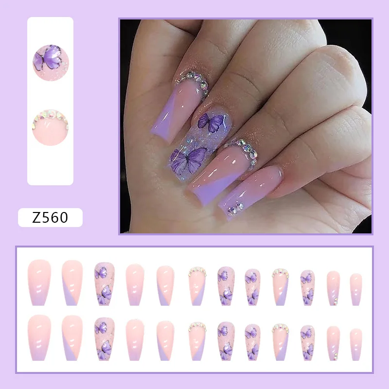

24Pcs Iridescent Press-On Nails – Long Square Shape With Ice Cream Purple & Diamond Butterfly Designs Sweet Fantasy Style