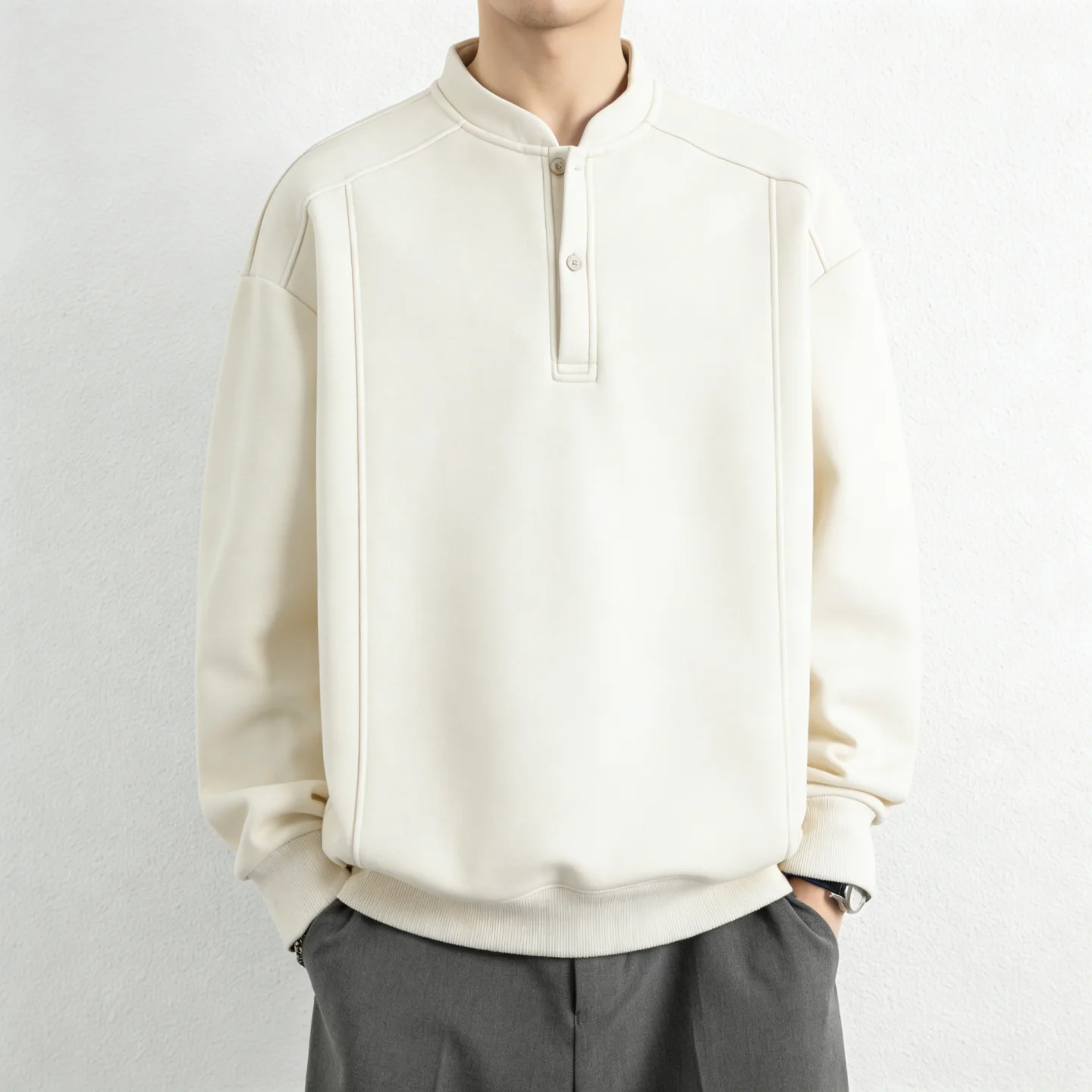 Spring Autumn Henry Collar Sweatshirts Men Long Sleeve Cotton Loose Pull On Hoodie Male Casual Sweatshirt Streetwear Tees Man