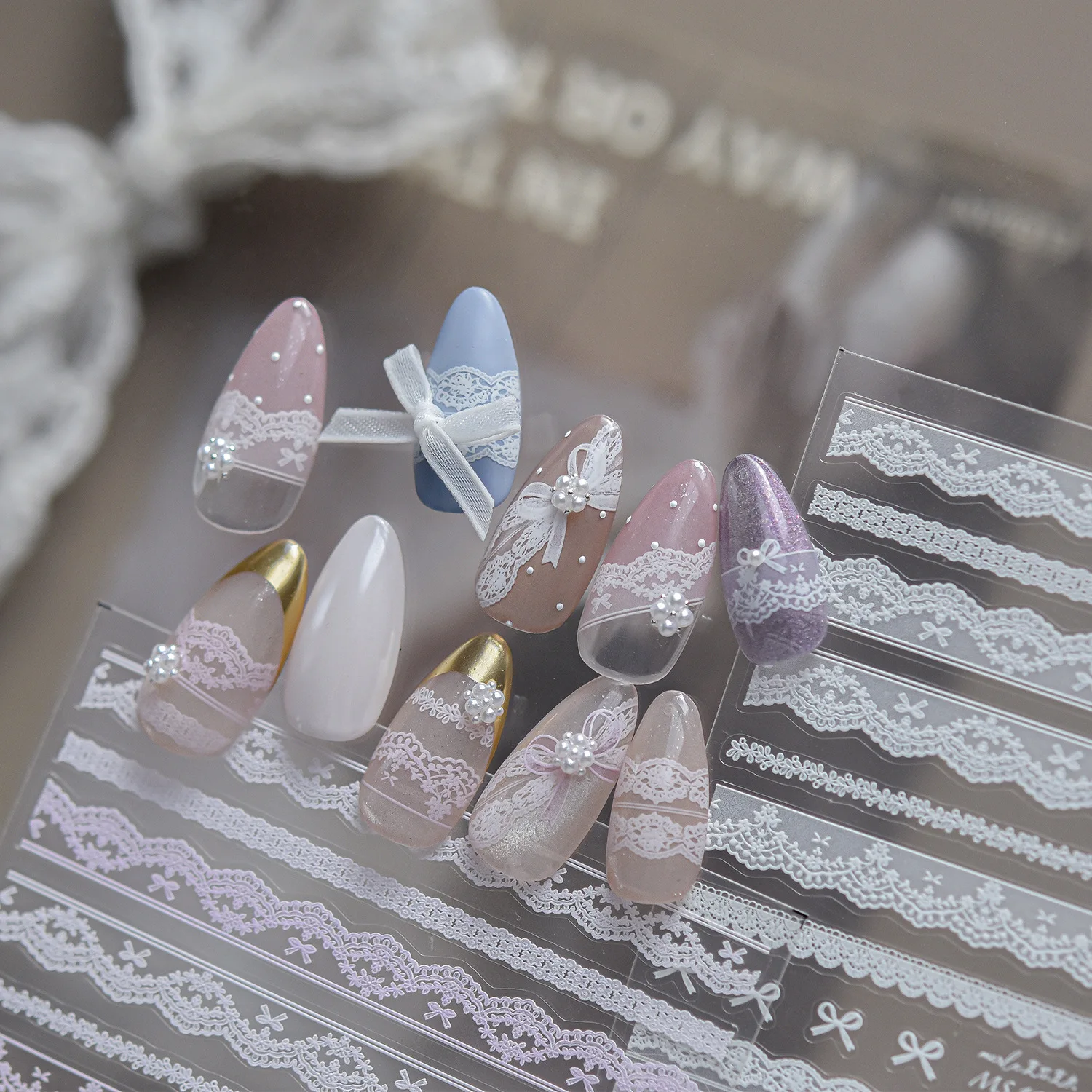 White Black Pink Hollow Out Floral Large Wave Lace Bow 5D Self Adhesive Nail Stickers French Ballet Style Lace Line Nail Decals
