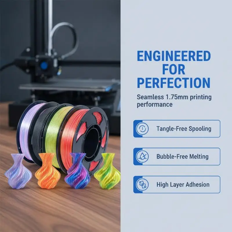 Silk Rainbow PLA 3D Printing Filament 1KG Roll 1.75mm Break Resistant Shiny Multicolor for DIY Art Projects