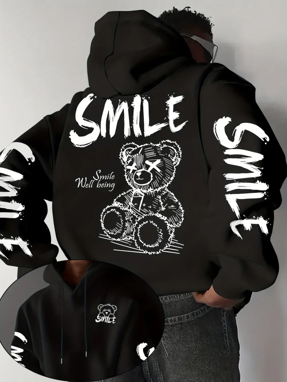 European and American Men's Autumn Fashion Letter Teddy Bear Print Soft and Comfortable Hooded Sweatshirt Outdoor Street Top