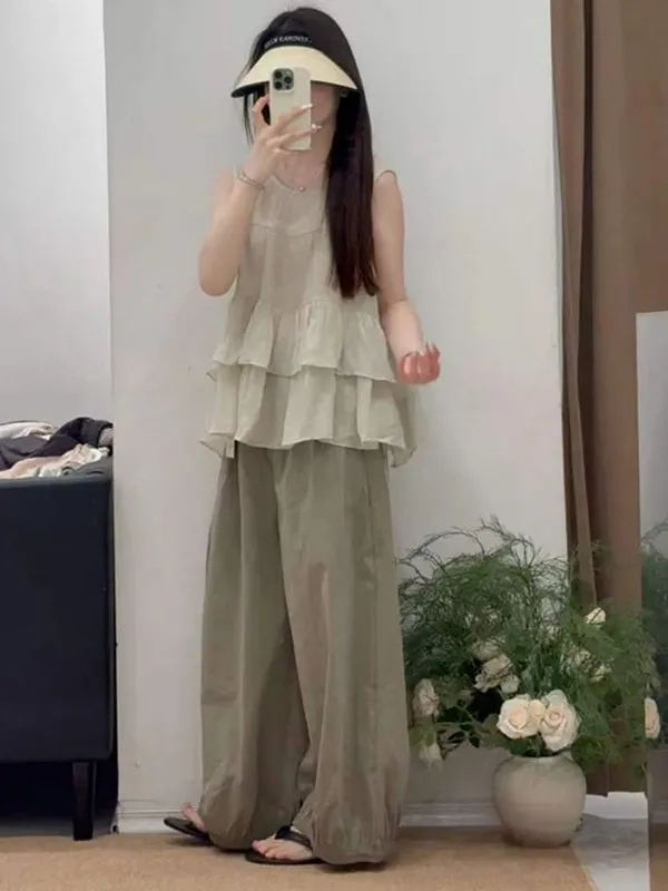 

Elegant Summer Women's Two-Piece Set High Waist Wide Leg Pants Sleeveless Top Belly Concealing Trendy Casual Style Polyester