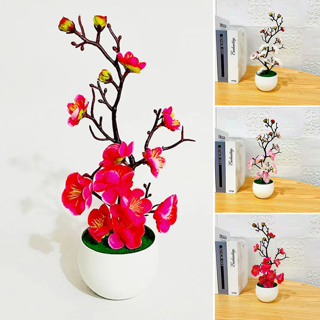 Simulation Artificial Pot Plant Plum Blossom Bonsai 11.8*4.3 In For Home Office Garden Kitchen Living Room Table Decor