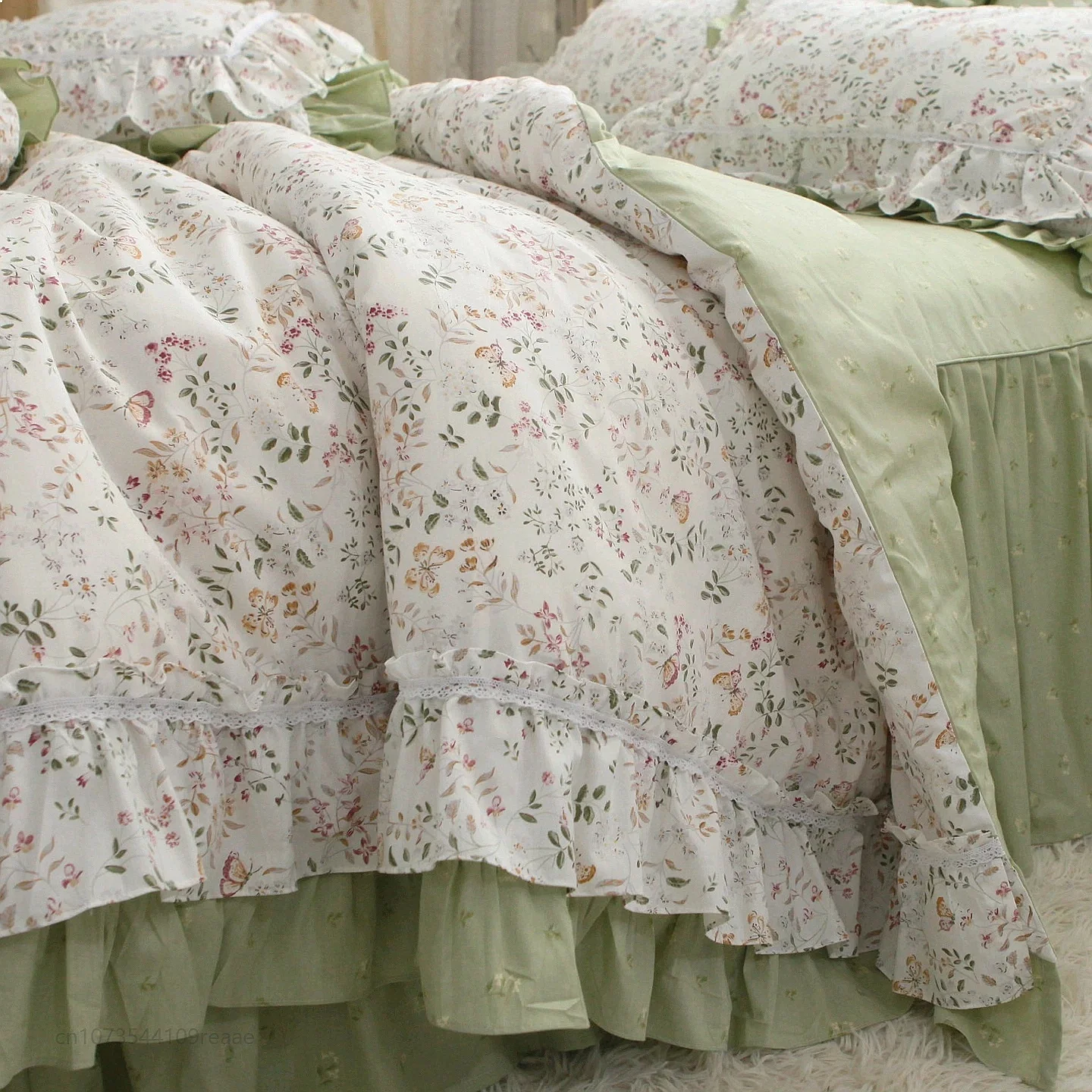 French Korean Princess Lace Ruffled Cotton Bed Skirt 4Pcs Bedding Set