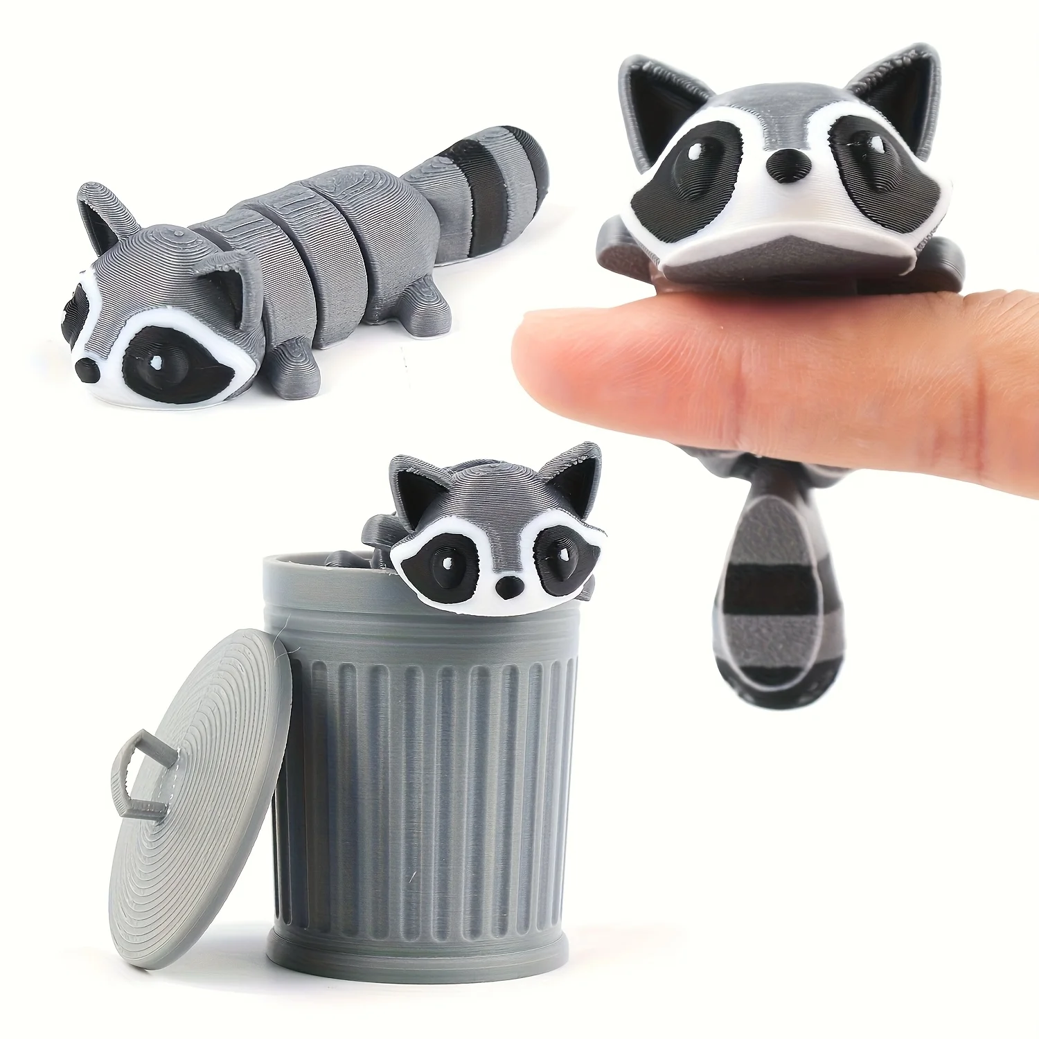 3D Printed Articulated Raccoon Fidget Toy withTrash Can Multi-Jointed Movable Animal Landscape Decorations Desktop Home Model