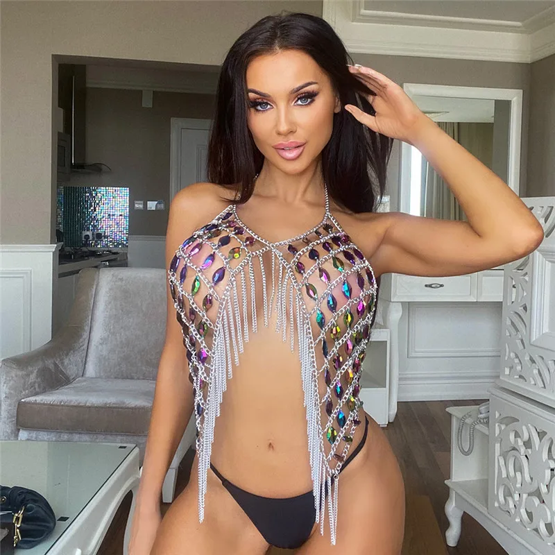 เสื้อกล้ามประดับเลื่อมลายหยดน้ำประดับเลื่อมสำหรับผู้หญิงเสื้อครอปปาร์ตี้กลางคืนประดับพู่เว้าหลังมีพู่
