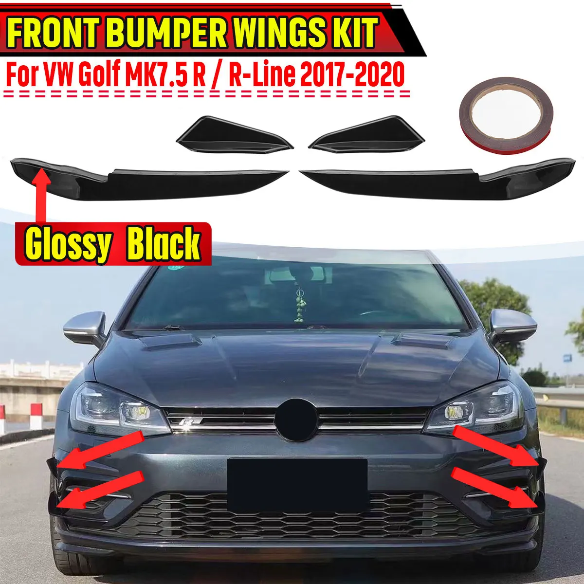 RevoZport Style Front Bumper Wing Kit Canard Wings For Volkswagen For VW Golf MK7.5 R R-Line GTI GTD 2017-2020 Side Splitters