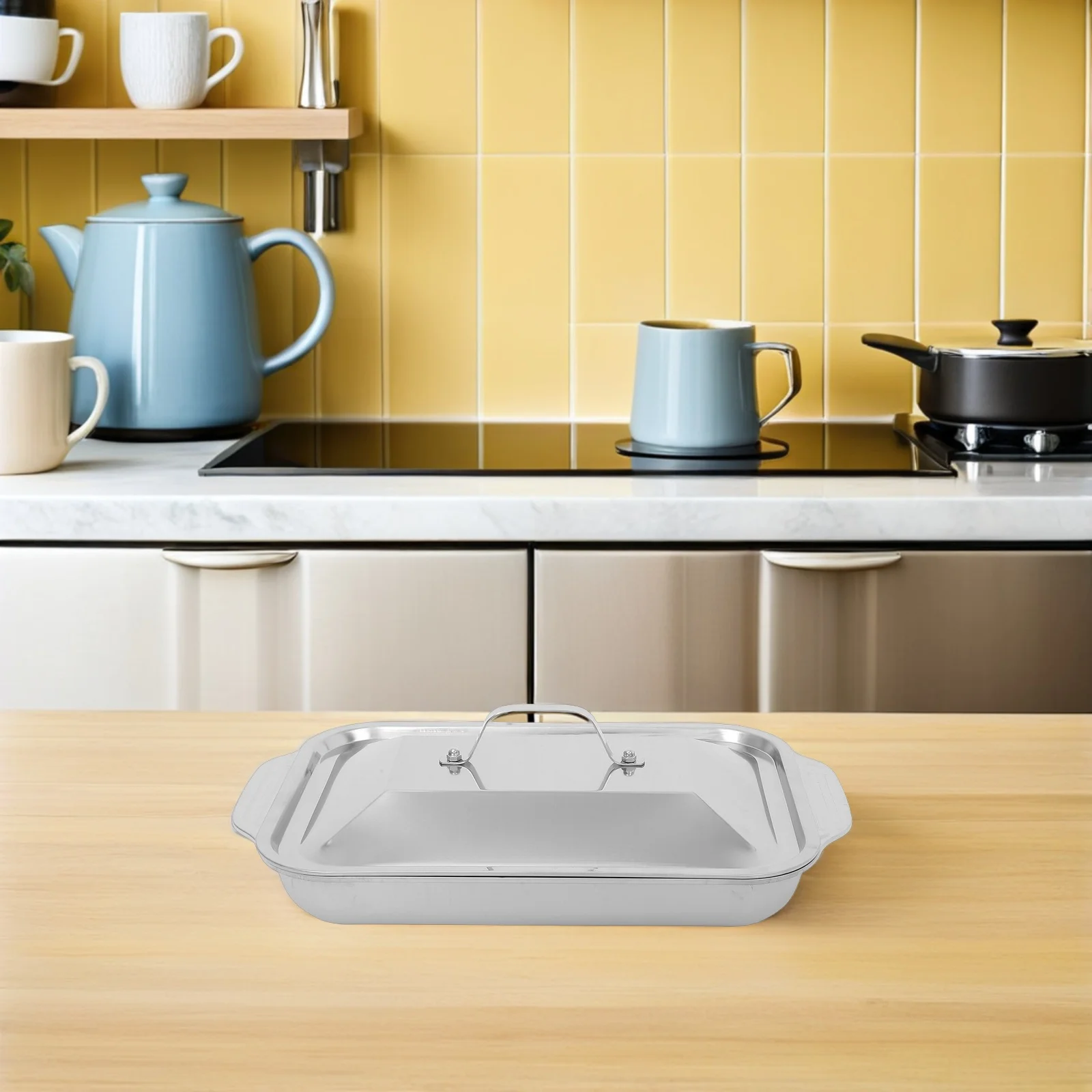 

Extra Thick Stainless Steel Grill Pan with Lid - Deep Rectangular Roasting Tray for Fish Meat Baking - Oven Safe Grilling