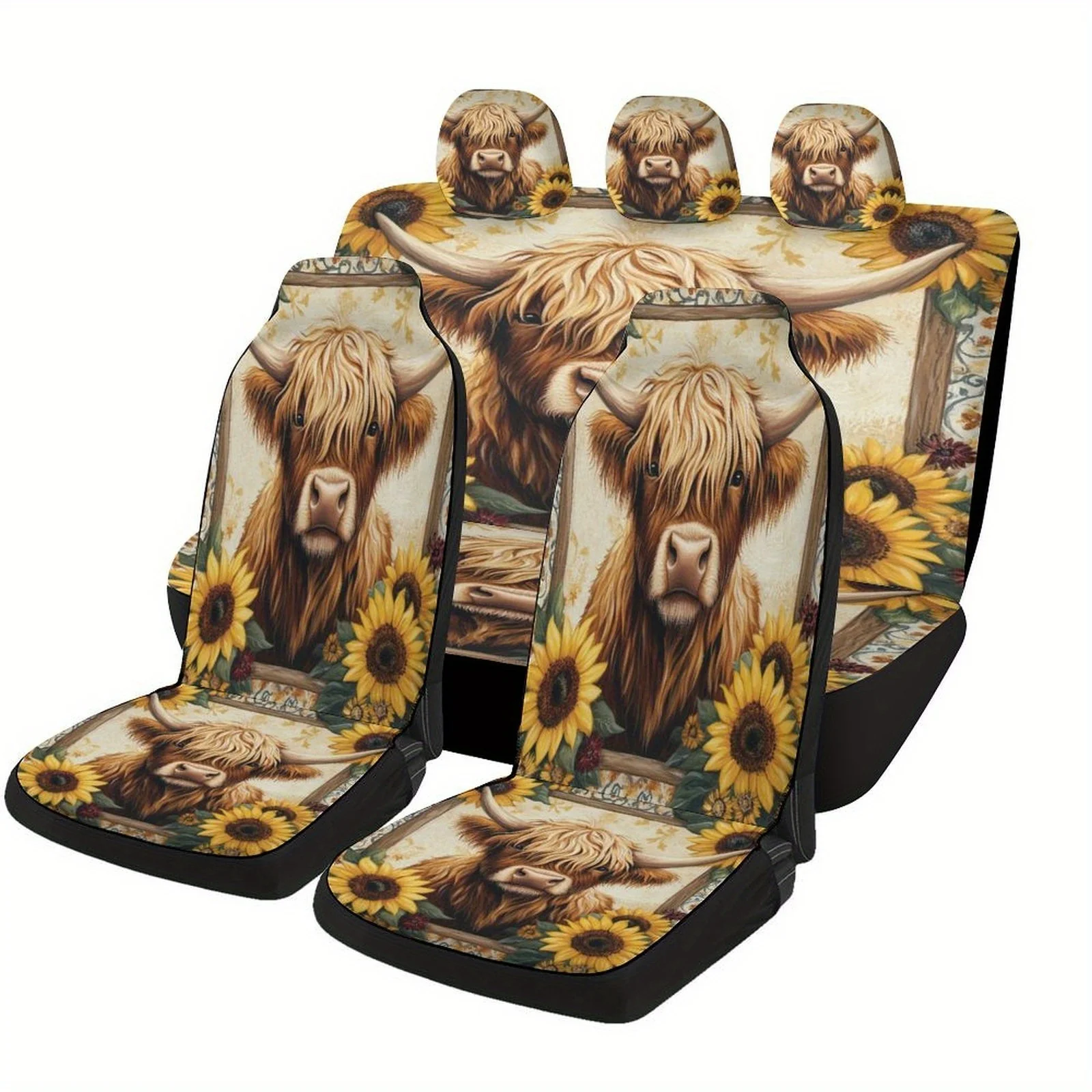 

Подходит для большинства автомобилей Highland Cow & Sunflowers Комплект чехлов для автомобильных сидений — узор шотландской коровы с подсолнухом (без наполнения), Machine Washa