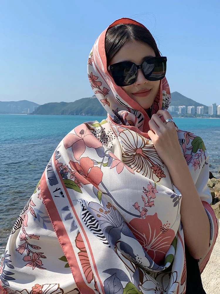 New Summer Fashion Elegant Women Silk Scarf Beach Wrap Shawl Floral Sunscreen Bandana Hijab Mujer Bohemian Musulman Scarve Pareo