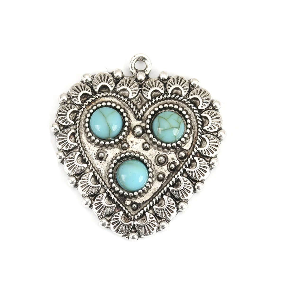 Vintage Bohemian Charms Heart Oval Carved Imitation Turquoise Pattern Antique Silver Color Metal Pendants  DIY Necklace Jewelry