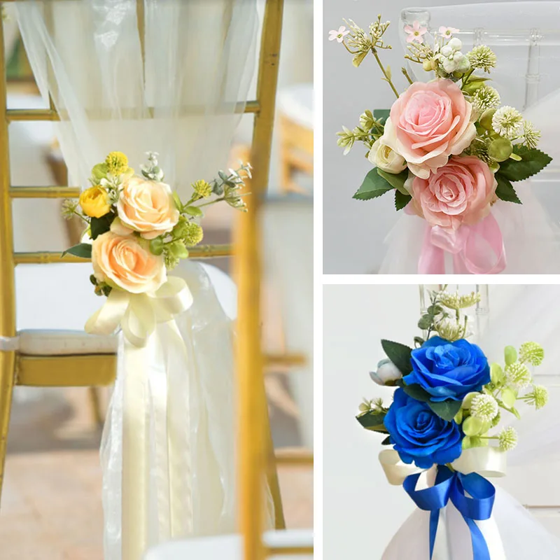 Chair Artificial Flowers Sashes Rose Bouquet Knot Cover For Church Car Outdoor Banquet Party Events Wedding Decorations Supplies