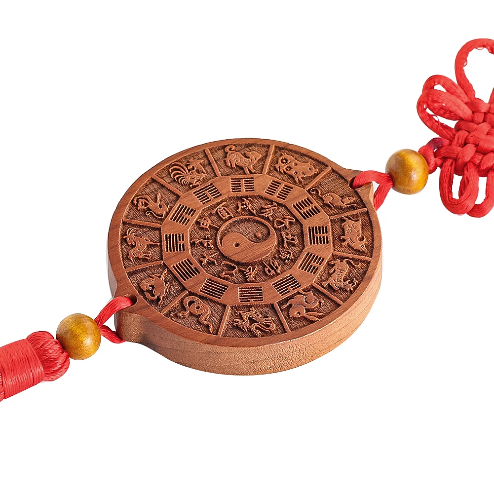 Peach Wood Tai Chi ChineseZodiac Decor Car Wall Hanging Wicca Pendulum Feng Shui Anti Evil Amulet Tassel Taoism Knot Craft