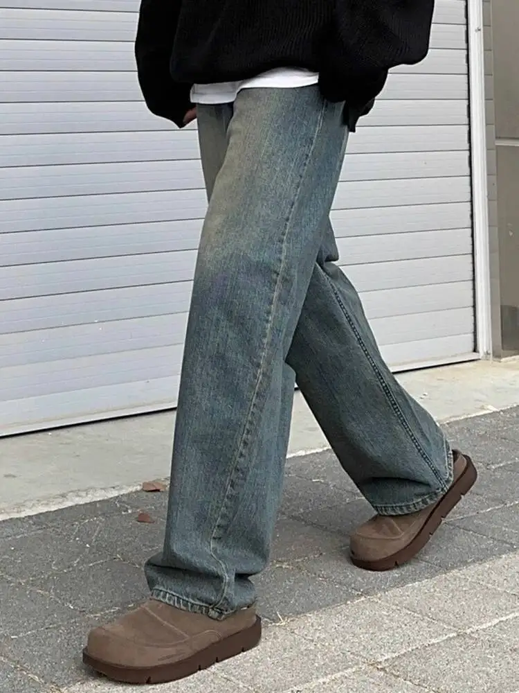 SYUHGFA جديد بسيط الرجال الدنيم السراويل الكورية نمط غسلها عادية واسعة الساق الجينز فضفاض مستقيم الساق الذكور السراويل 2025 الخريف #4