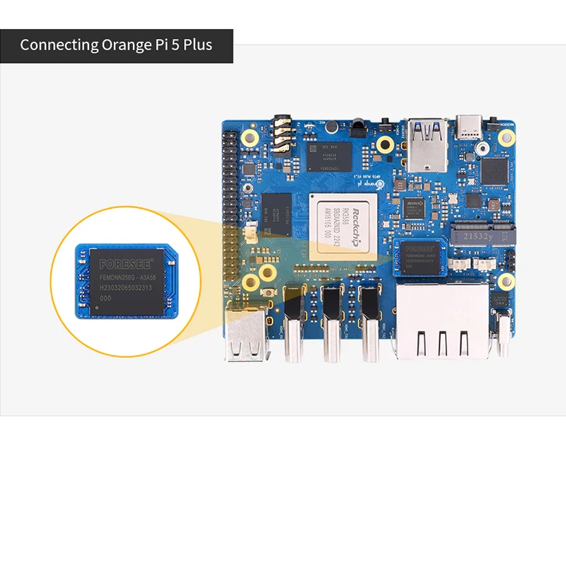 Placa Orange Pi 5 Plus com velocidades rápidas de leitura e gravação, módulo EMMC, 32GB, 64GB, 256GB