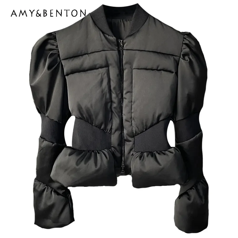 Puff Sleeve Black Short Coat Winter New Female Fitted Waist Cotton-Padded Coat High Waist Thickened down Cotton Jacket Coat