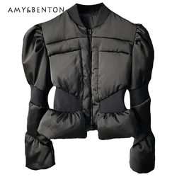 Manteau court noir à manches bouffantes pour femme, taille couvertes, rembourré en coton, taille haute, veste en coton épaissi, hiver, nouveau