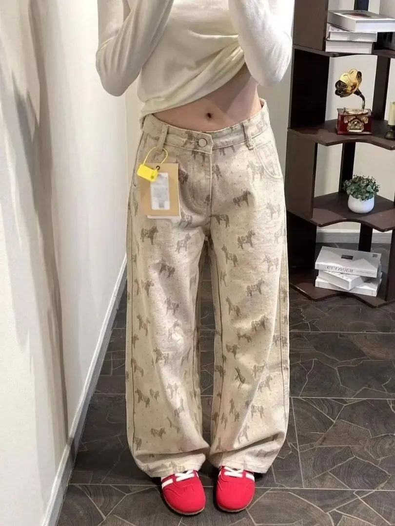 American Retro Print Wide Leg Denim Jeans High Waist Loose Straight Floor-Length Pants Women's Autumn New Design Sense