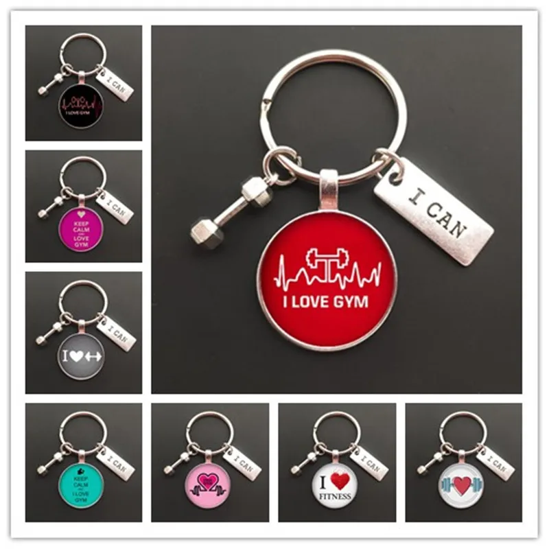 

New Force Sports Dumbbell Keychain Charm Weight Fitness and Word Gym Exercise Gift Glass Keychain Car Keyring Bag Chain