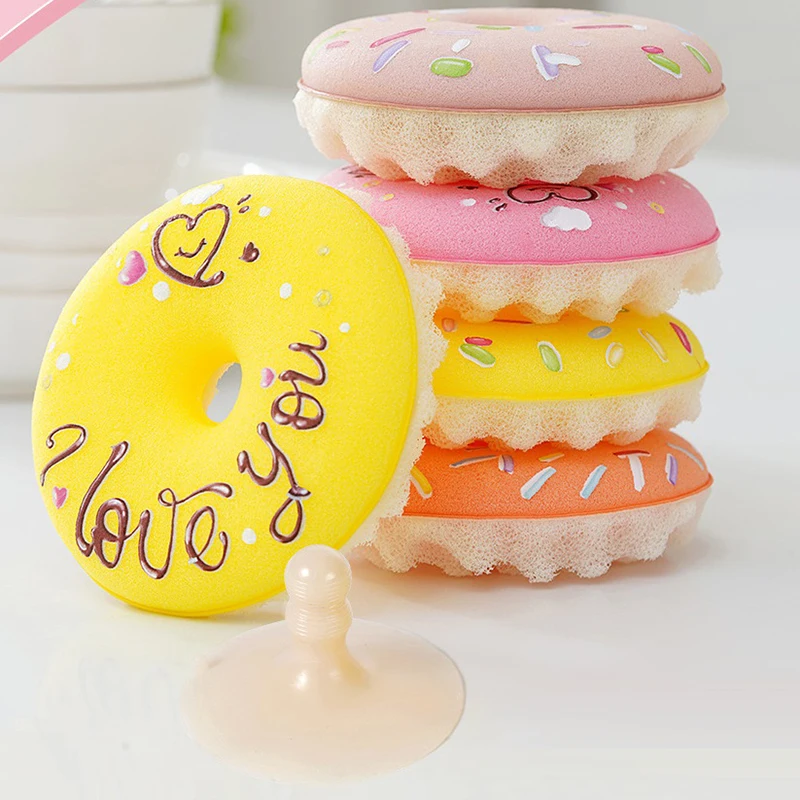 Dish Sponge With Suction Cup Non-scratch Donut Sponge Set With Suction Cup Quick Drainage Dishwashing Brush For Kitchen