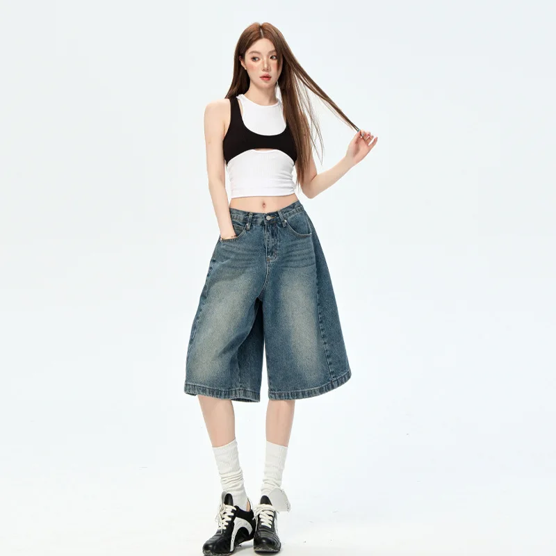 

UNITIM Summer Female Knee-length Pant American Gradient Color Lady Denim Shorts Loose Straight High Waist Washed Women Shorts