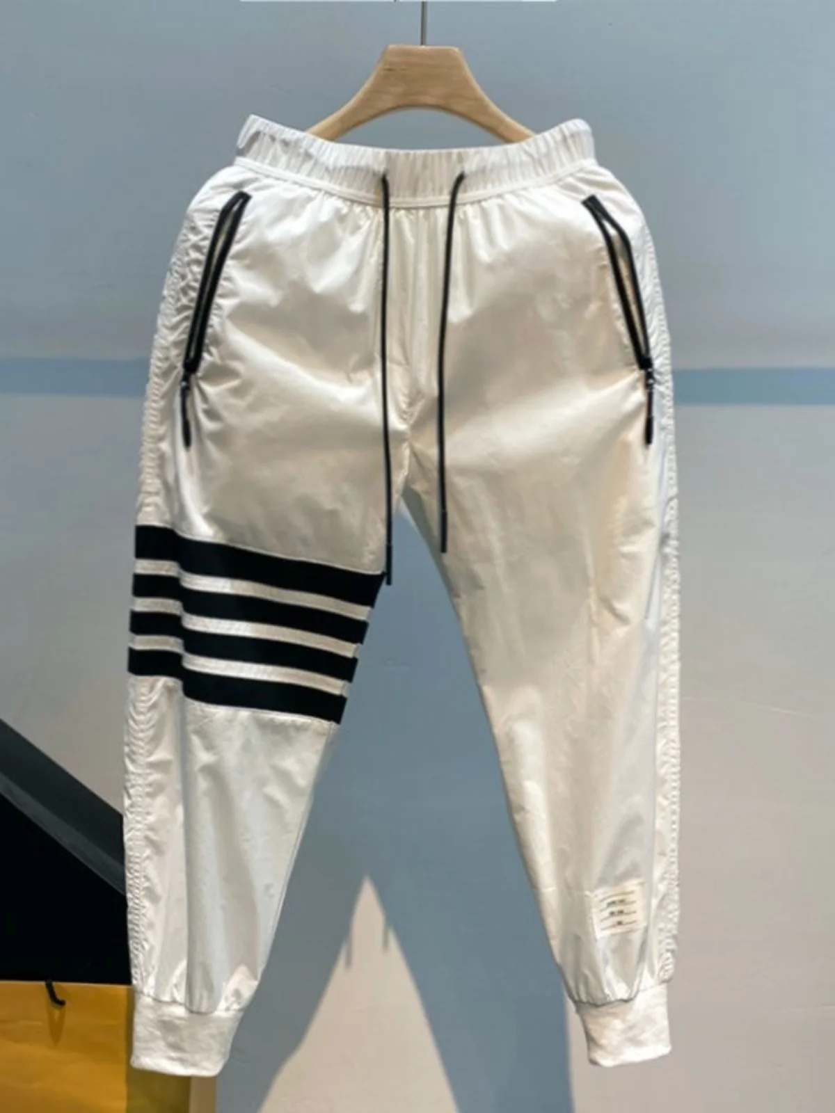 

American Sle Summer Thin Ice Silk Qui Dry Sports Casual Pants Men Slimming Four Stripe Cuffed Nine Point Small Foot Pants