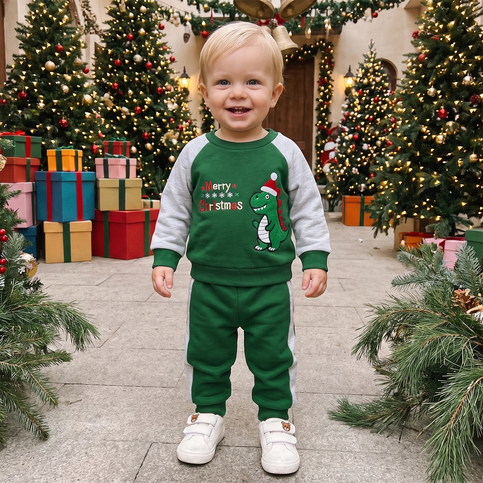 Toddler Boy Christmas Outfits Dinosaur Embroidery Sweatshirts and Pants