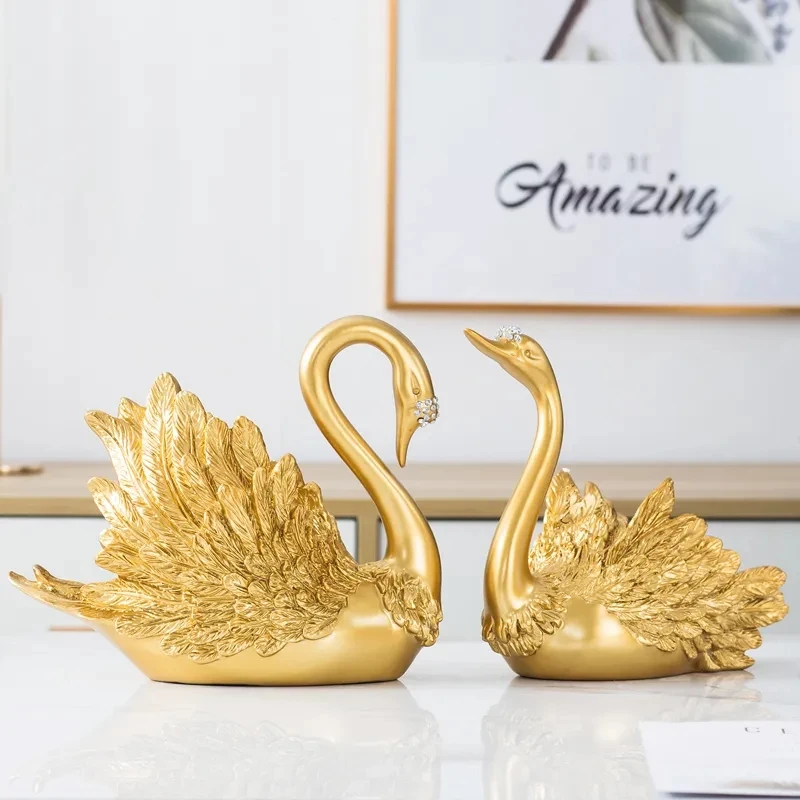 2PCS/SET Gold Swan Lovers Home Decor Ceramic Crafts Porcelain Animal Figurines Wedding Decoration Lovers New Year Gift