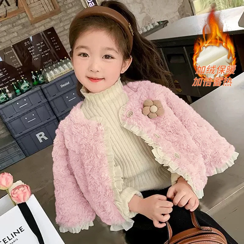 Girls' Trendy Plush Coat Jacket Autumn and Winter New Korean Style Baby Girl Fleece Lined Padded Warm Keeping Top