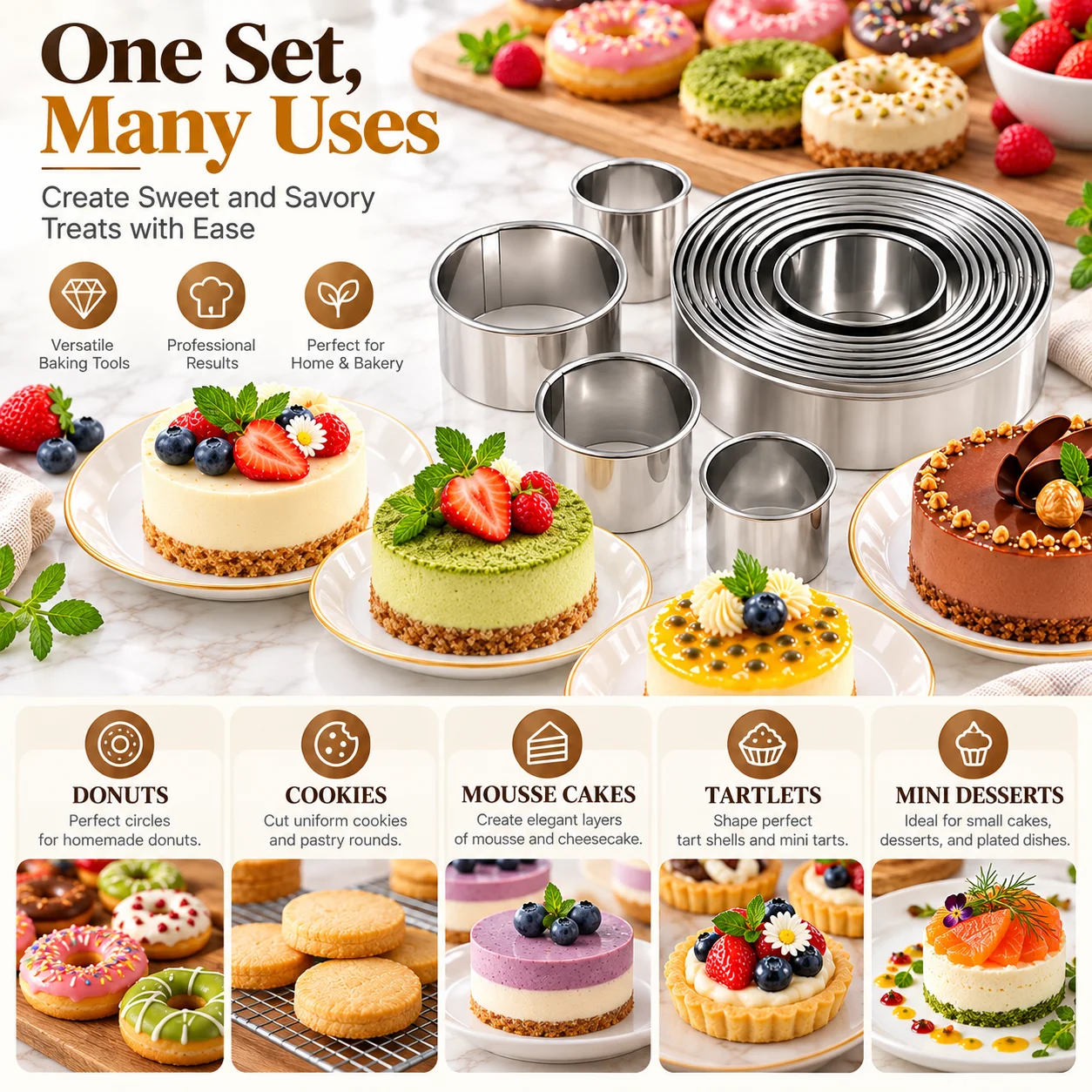 11/12-teiliges Mousse-Ring-Set aus lebensmittelechtem Edelstahl mit gerolltem Rand, leicht zu reinigen, runde Formen zum Formen von Fondant, Gebäck und Donuts für das Backen zu Hause – Detail 4