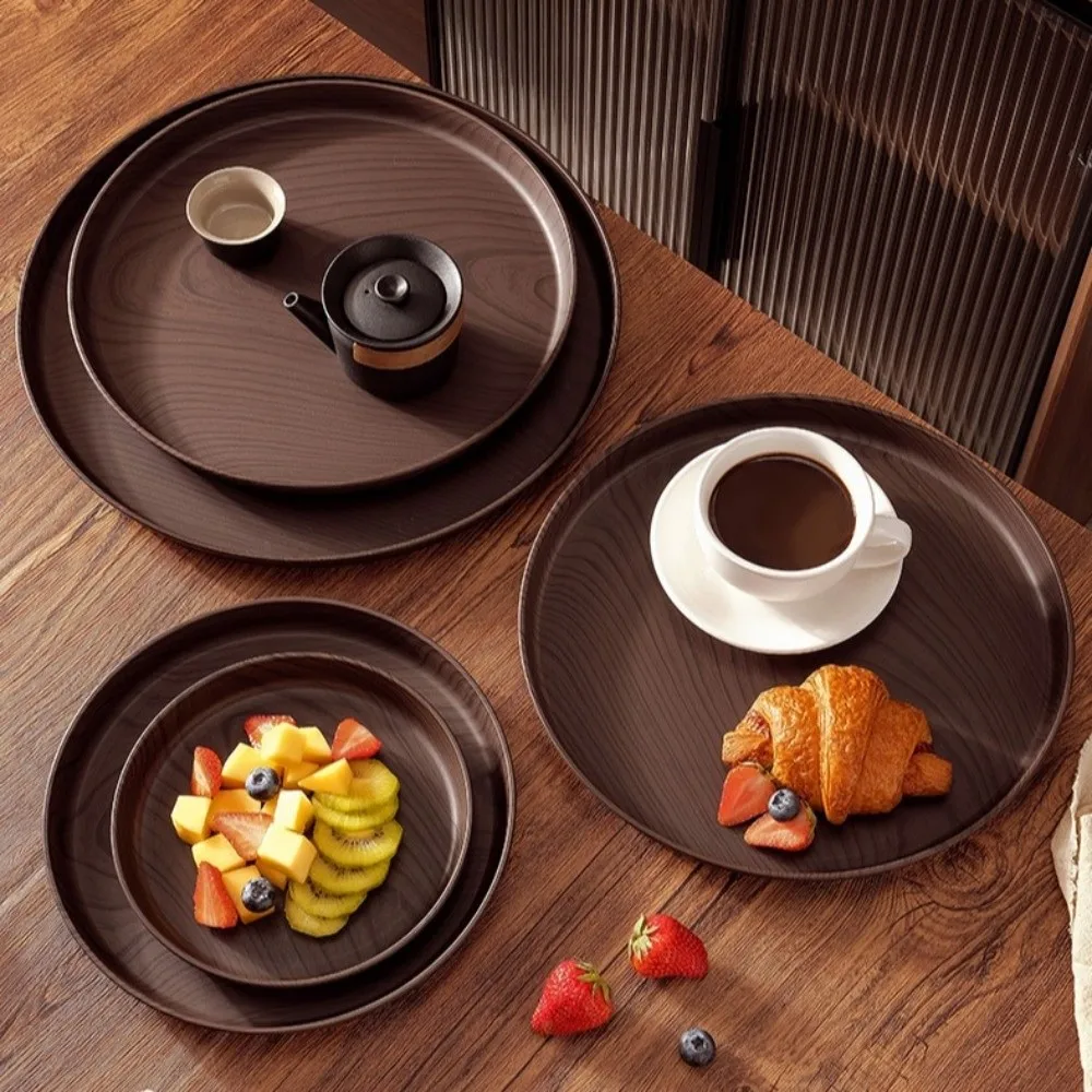 Durable 20/26/32/38cm Imitation Wooden Tray Round Shape Plastic Decorative Tray Handmade Food Tray Breakfast Serving