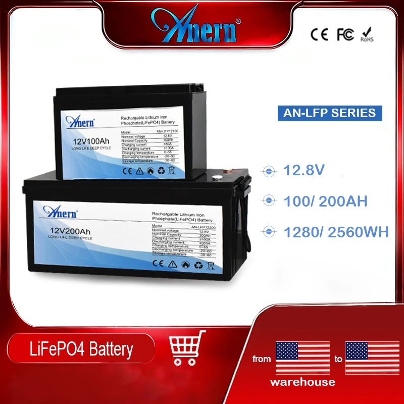 

Anern Stable 1280WH/ 2560WH 12V 100AH/ 200Ah LiFePO4 Lithium Battery Backup Power for Inverter Motorhome Solar System Boat