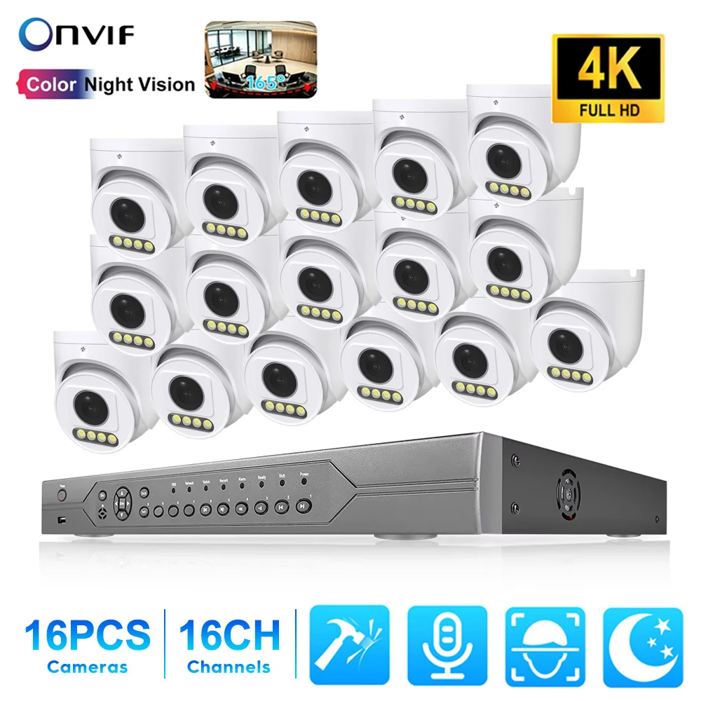 16-Kanal 8MP PoE NVR-Kit 1,7 mm Panorama-Weitwinkel-Fisheye-CCTV-System Außenkamera mit bidirektionalem Audio AI P2P Komplettset