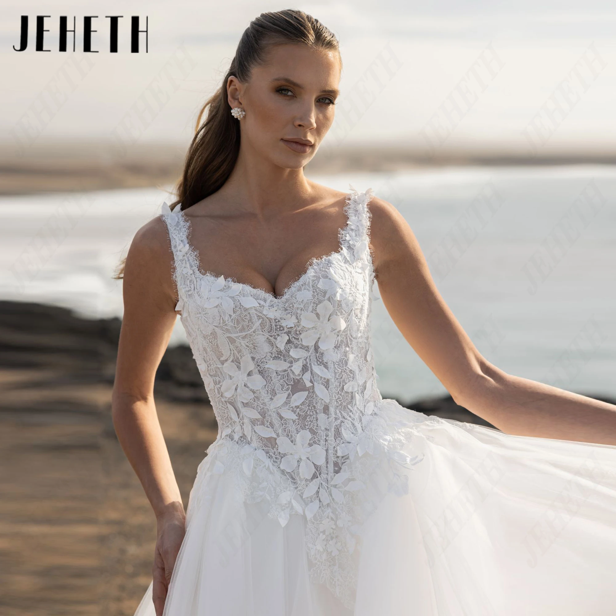 JEHETH Customized Gorgeous Backless Bride Gowns Tulle A Line Court Train Wedding Dress Spaghetti Straps V Neckline Bridal Gown
