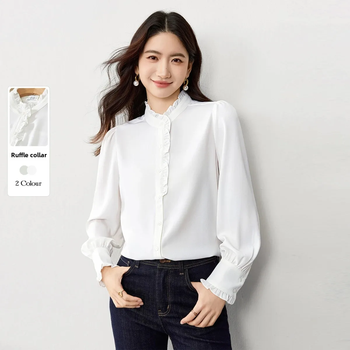 

SENTUBILA Elegant Fashion Chiffon Shirt for Woman 2025 Autumn Ruffled Collar Tops Solid Single Breasted Female Blouse 153VA3225X